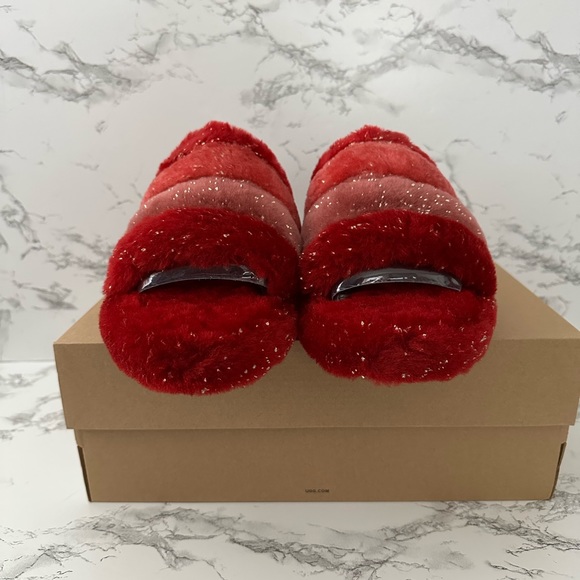 UGG Fluff Yeah Slingback Slippers Slides Red and Gold Glitter - Picture 3 of 10
